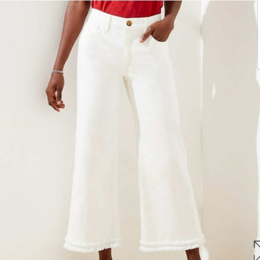 Loft White Wide Leg Crop Jeans; Fringe Hem; 27/4